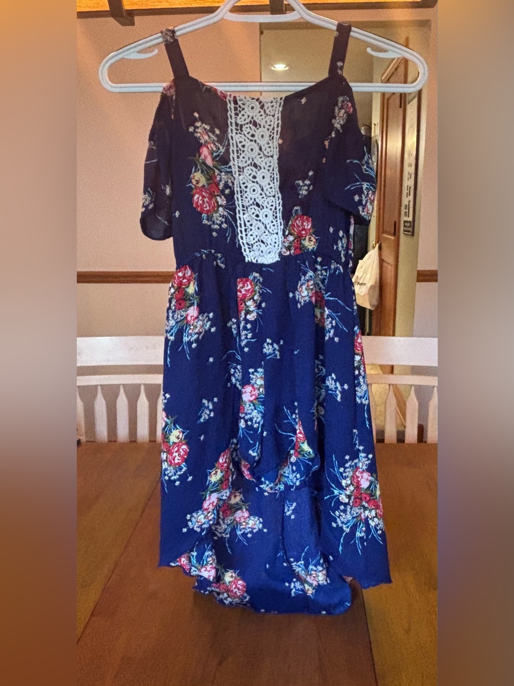 Kids Navy Off-Shoulder Floral Dress with Lace Center